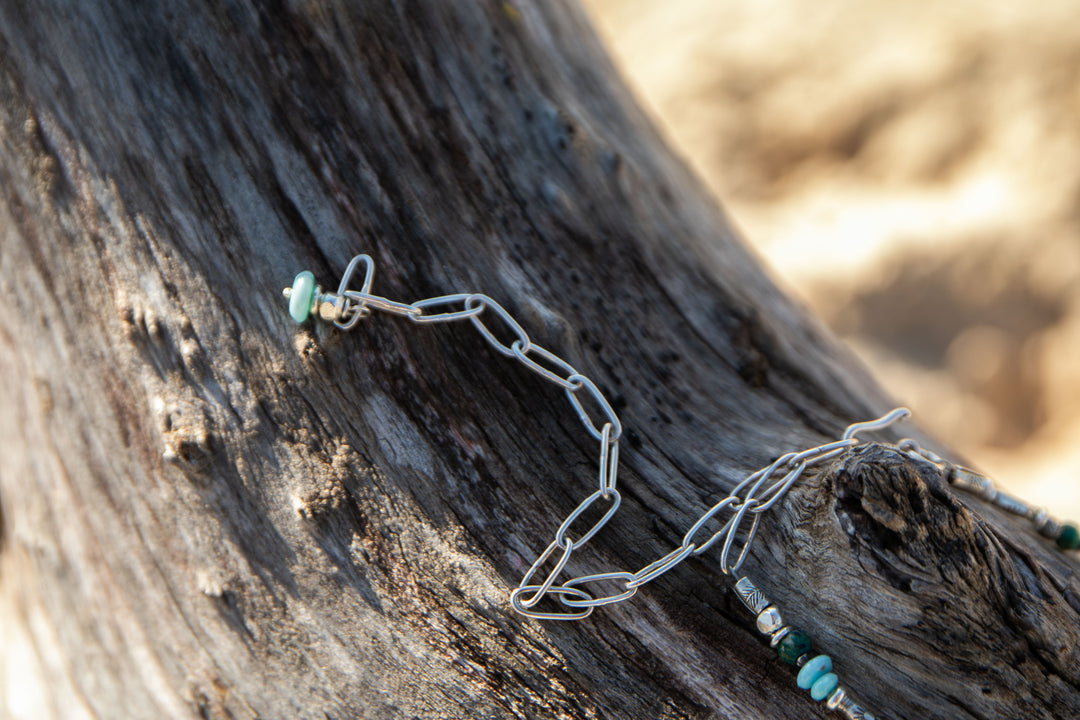 Aquamarine, Larimar and Chrysocolla Necklace with Thai Hill Tribe Silver Leaves