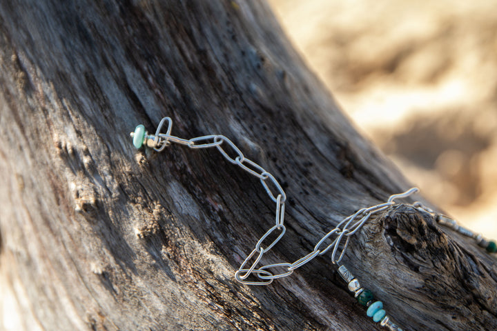 Aquamarine, Larimar and Chrysocolla Necklace with Thai Hill Tribe Silver Leaves