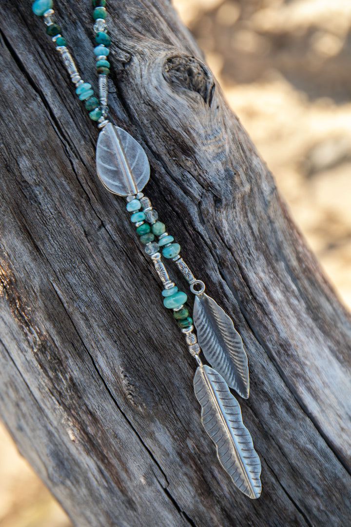 Aquamarine, Larimar and Chrysocolla Necklace with Thai Hill Tribe Silver Leaves