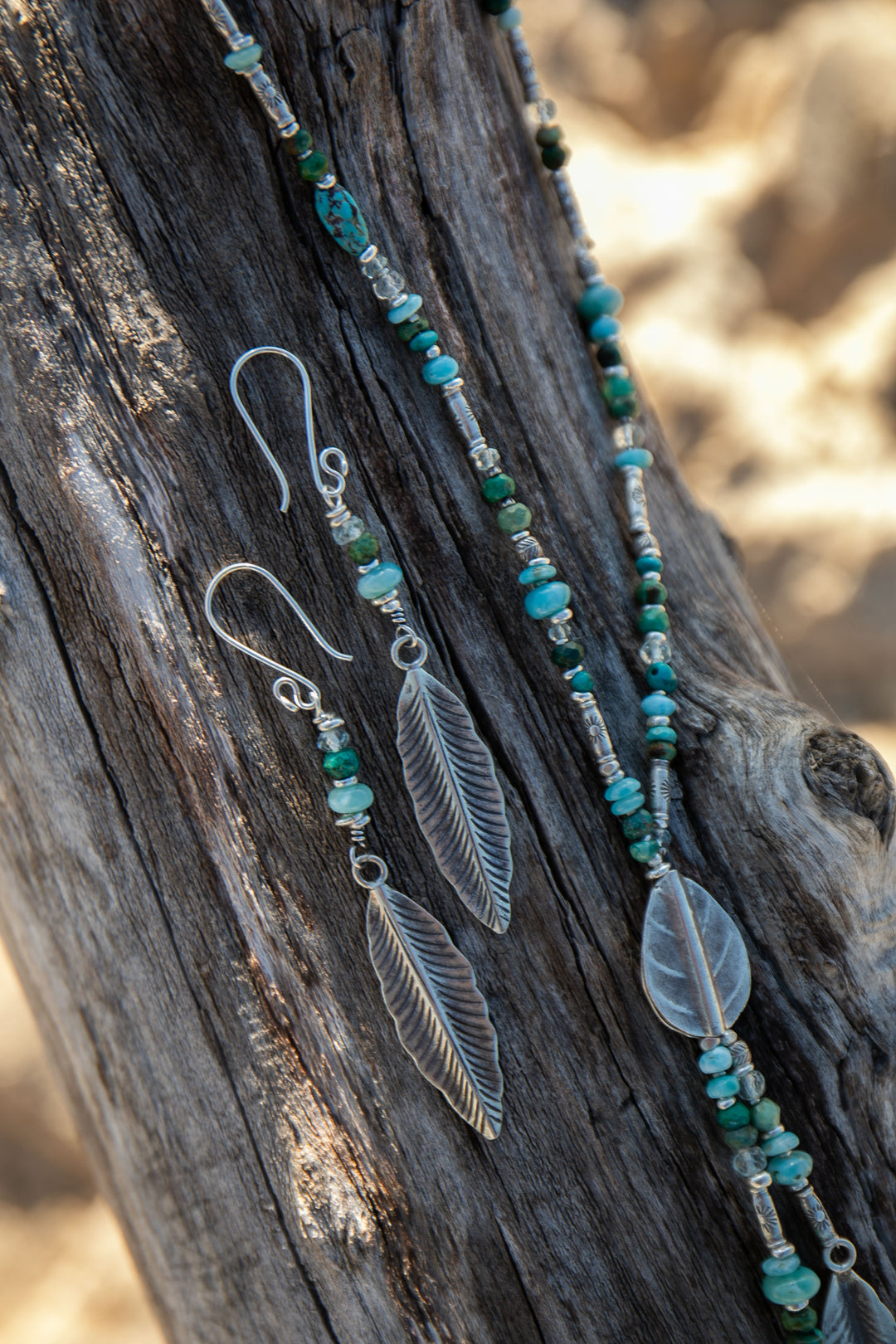 Aquamarine, Larimar and Chrysocolla Necklace with Thai Hill Tribe Silver Leaves