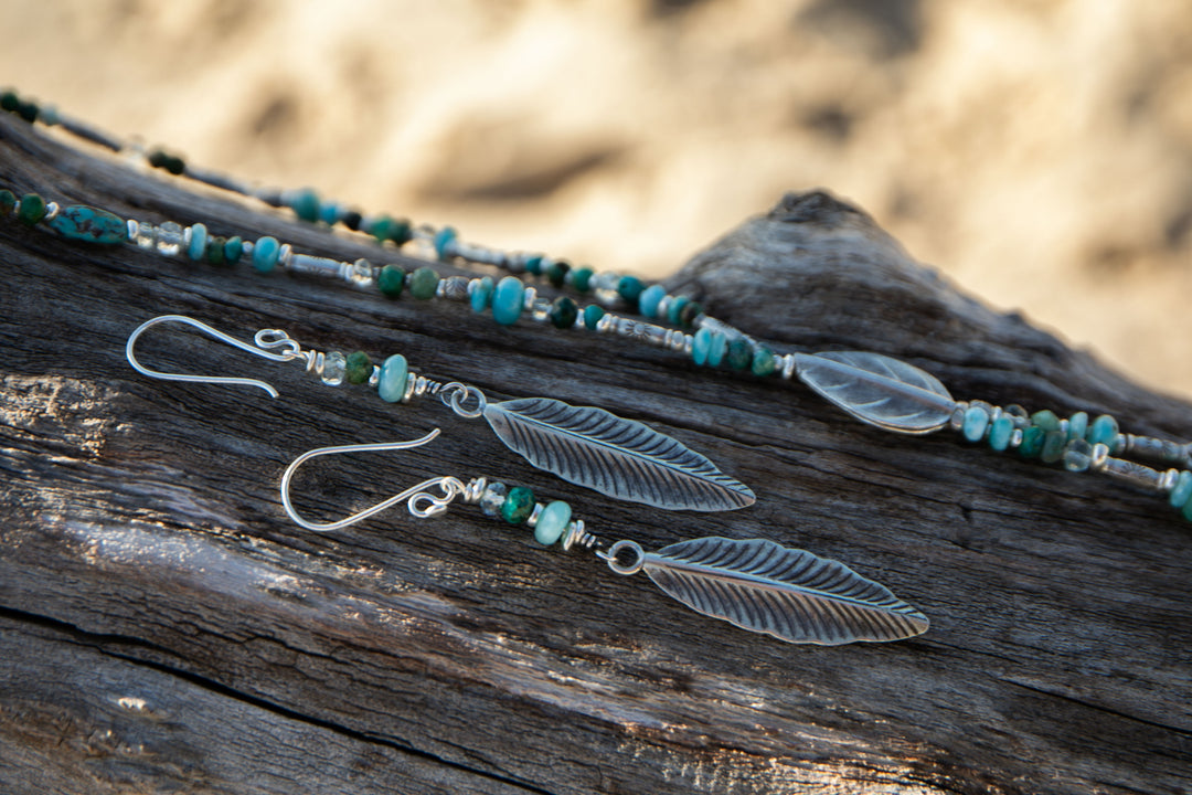 Aquamarine, Larimar and Chrysocolla Necklace with Thai Hill Tribe Silver Leaves