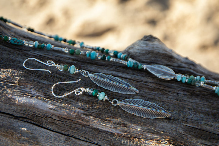 Aquamarine, Larimar and Chrysocolla Necklace with Thai Hill Tribe Silver Leaves