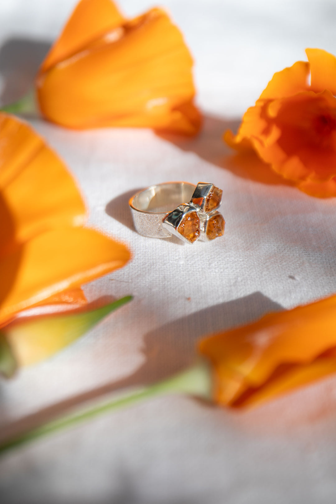 Triple Natural Raw Citrine Ring set in Textured Sterling Silver - Size 7 US