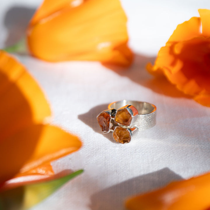 Triple Natural Raw Citrine Ring set in Textured Sterling Silver - Size 7 US