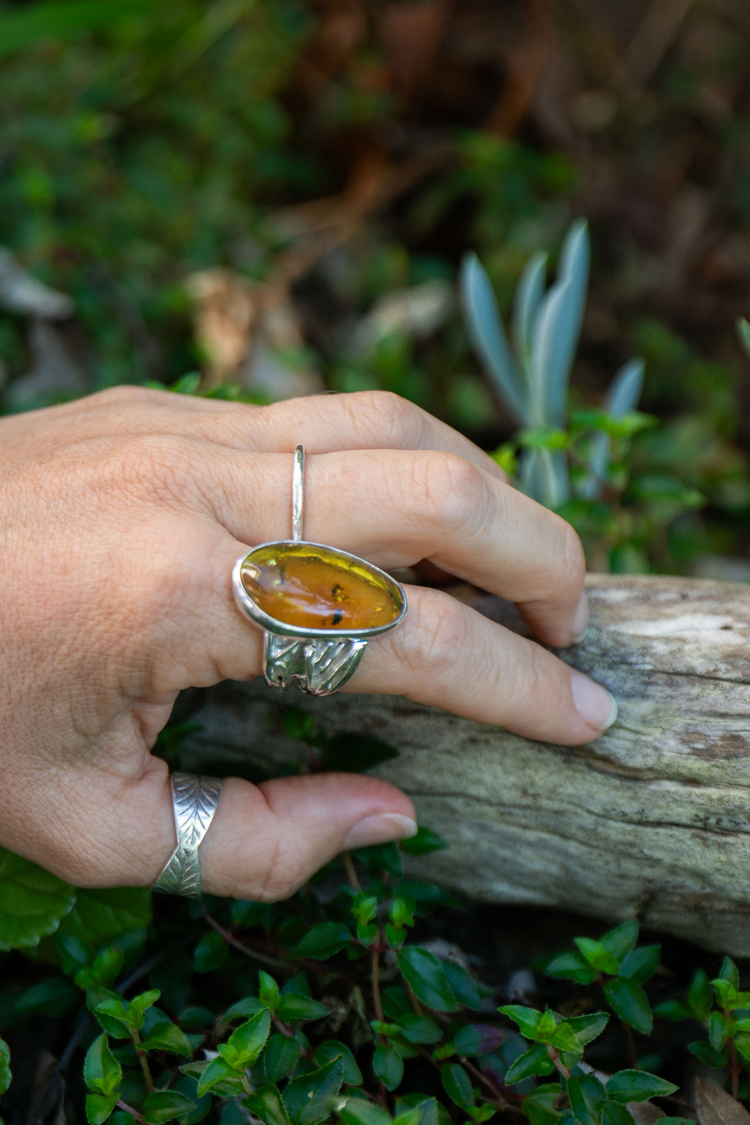 Insect Amber Ring set in Unique Sterling Silver - Size 9 US