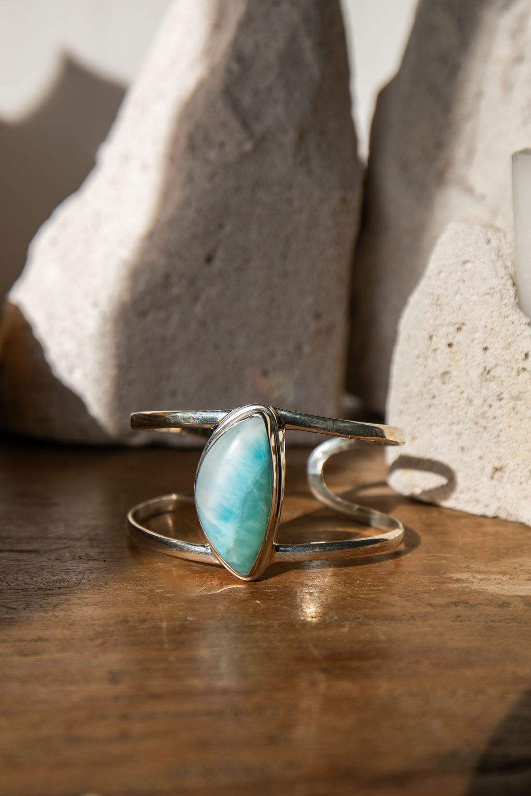 Statement Larimar Cuff Bangle in Brushed Sterling Silver