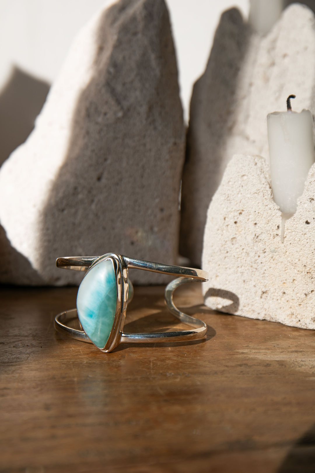 Statement Larimar Cuff Bangle in Brushed Sterling Silver