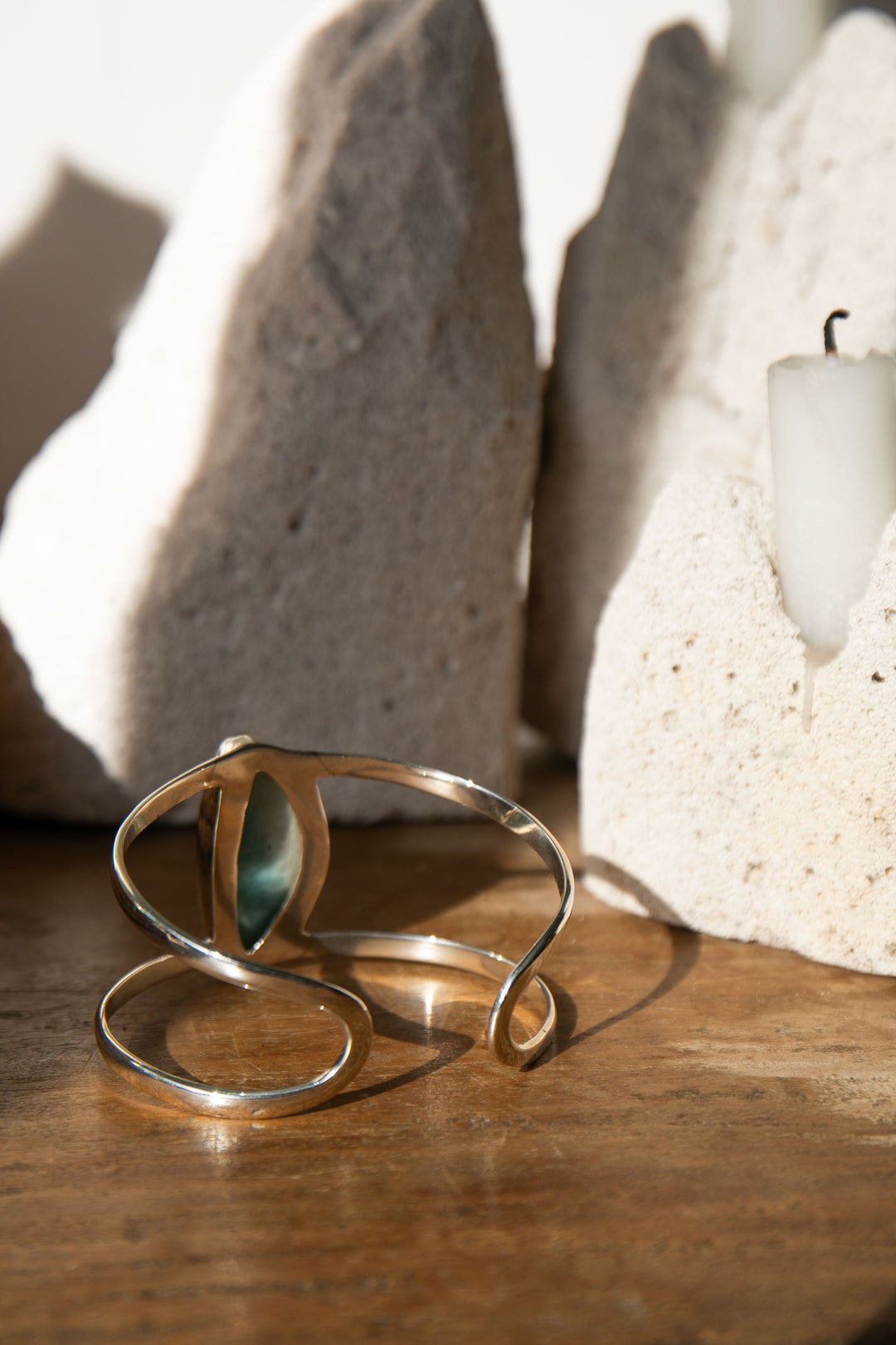 Statement Larimar Cuff Bangle in Brushed Sterling Silver