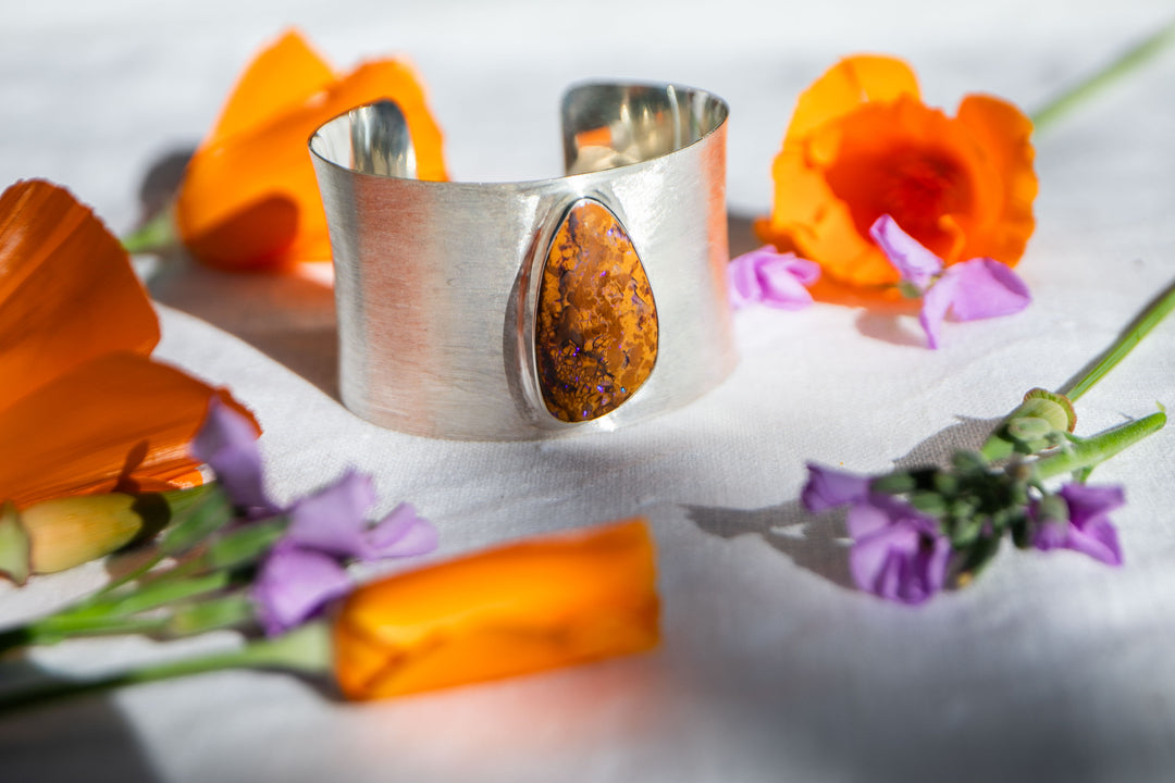 Statement Boulder Opal Bangle in Brushed Sterling Silver