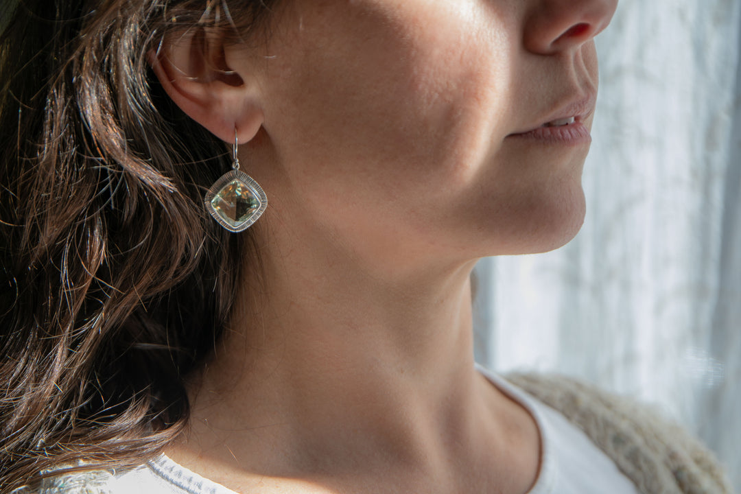 Faceted Green Amethyst Earrings set in Unique Sterling Silver