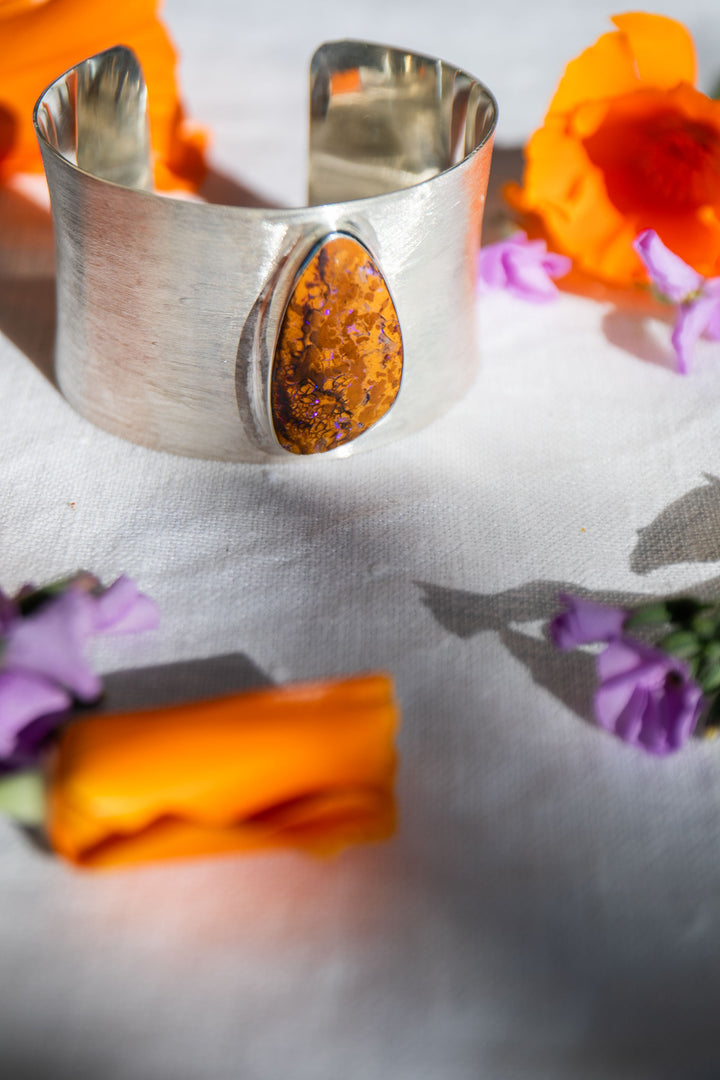 Statement Boulder Opal Bangle in Brushed Sterling Silver