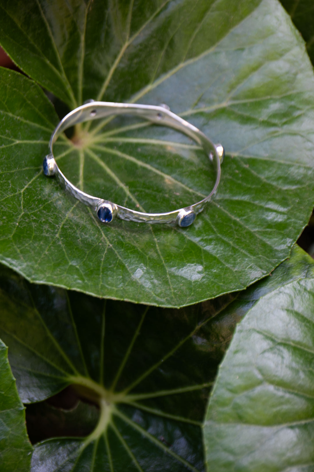 Kyanite and Beaten Sterling Silver Bangle