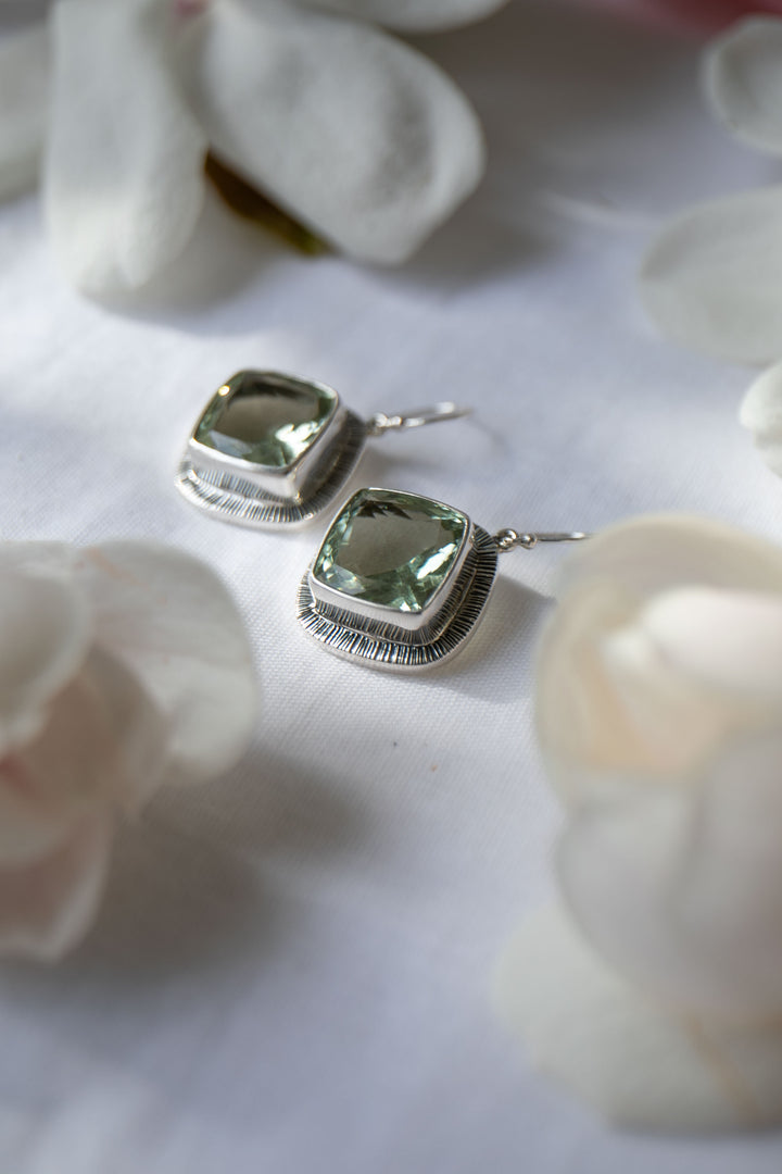 Faceted Green Amethyst Earrings set in Unique Sterling Silver