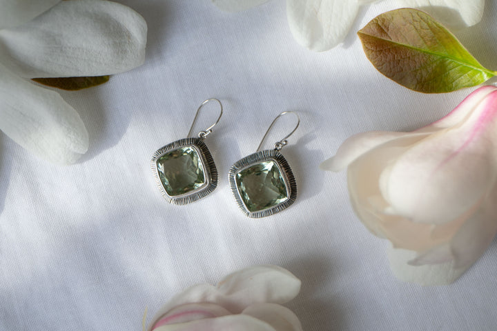 Faceted Green Amethyst Earrings set in Unique Sterling Silver