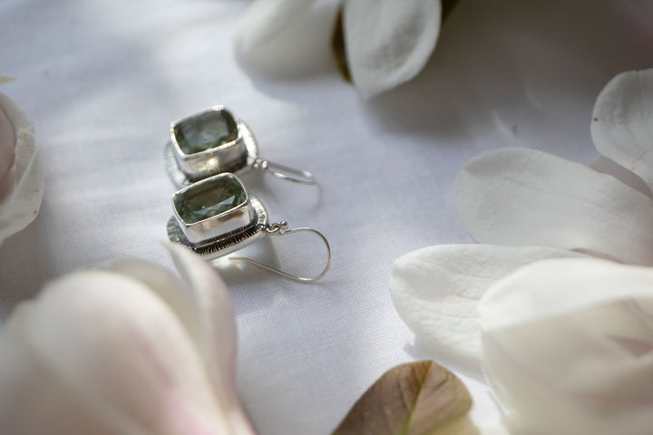 Faceted Green Amethyst Earrings set in Unique Sterling Silver