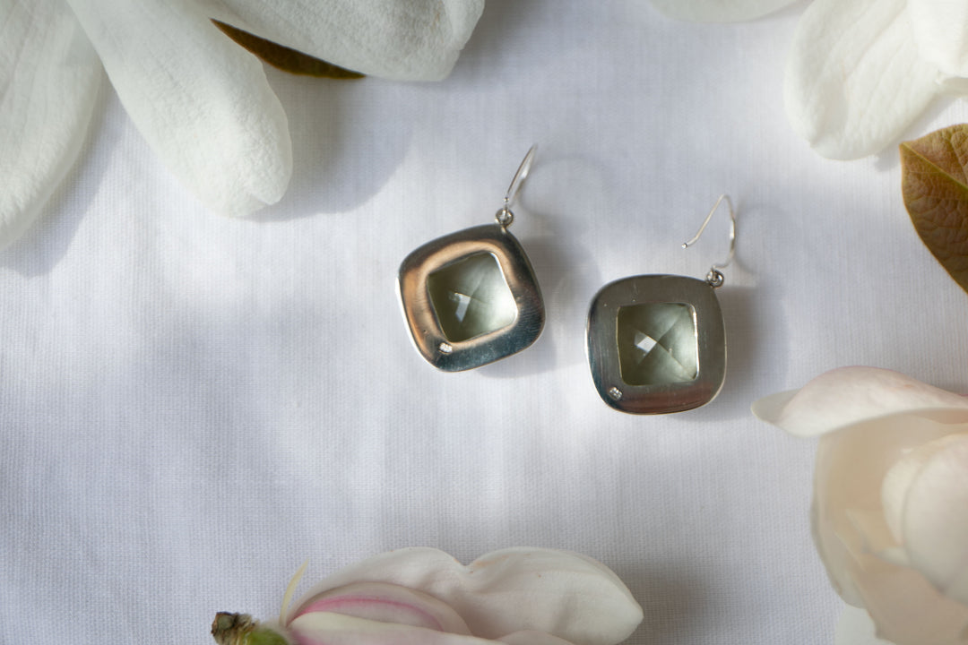 Faceted Green Amethyst Earrings set in Unique Sterling Silver