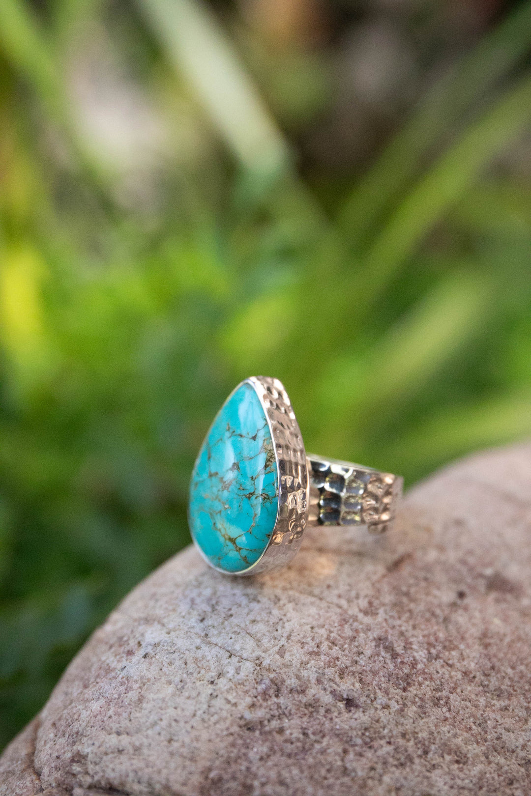 Teardrop Arizona Turquoise Ring in Adjustable Sterling Silver Band