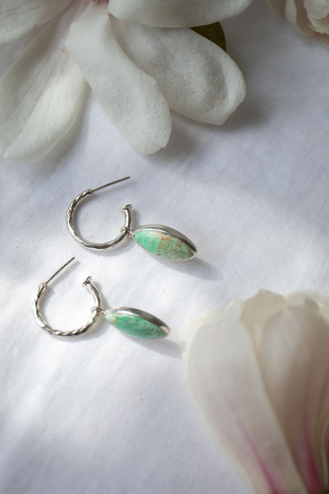 Variscite Earrings with Beaten Hoop Sterling Silver