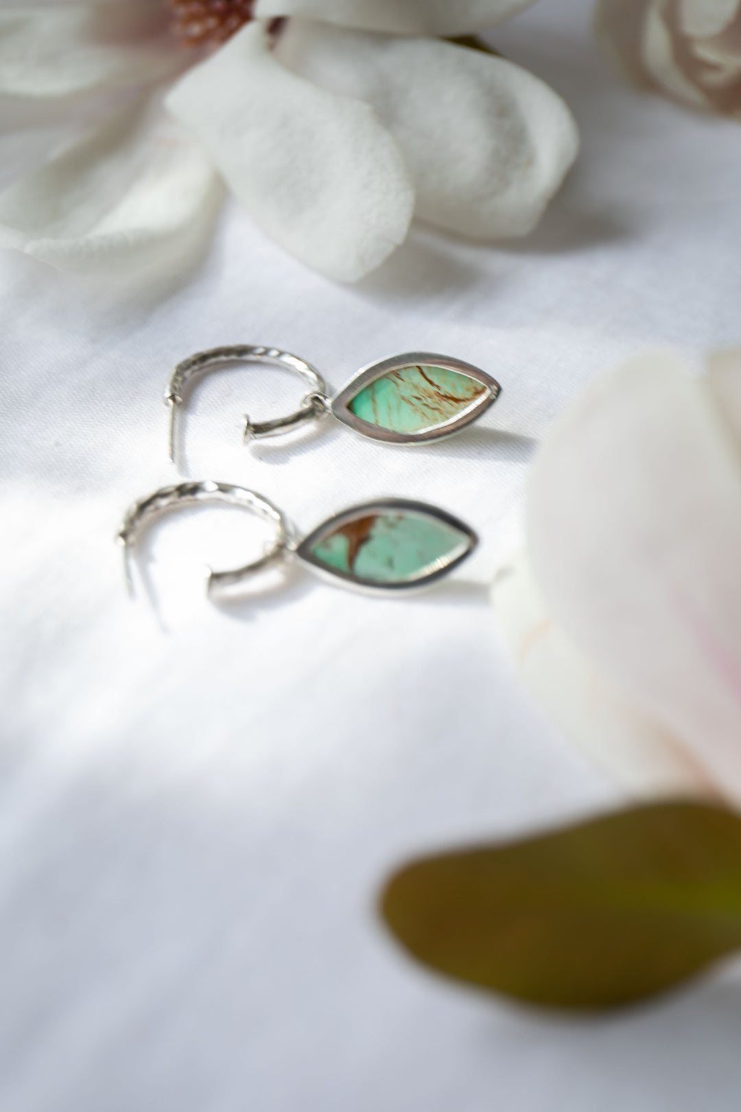 Variscite Earrings with Beaten Hoop Sterling Silver