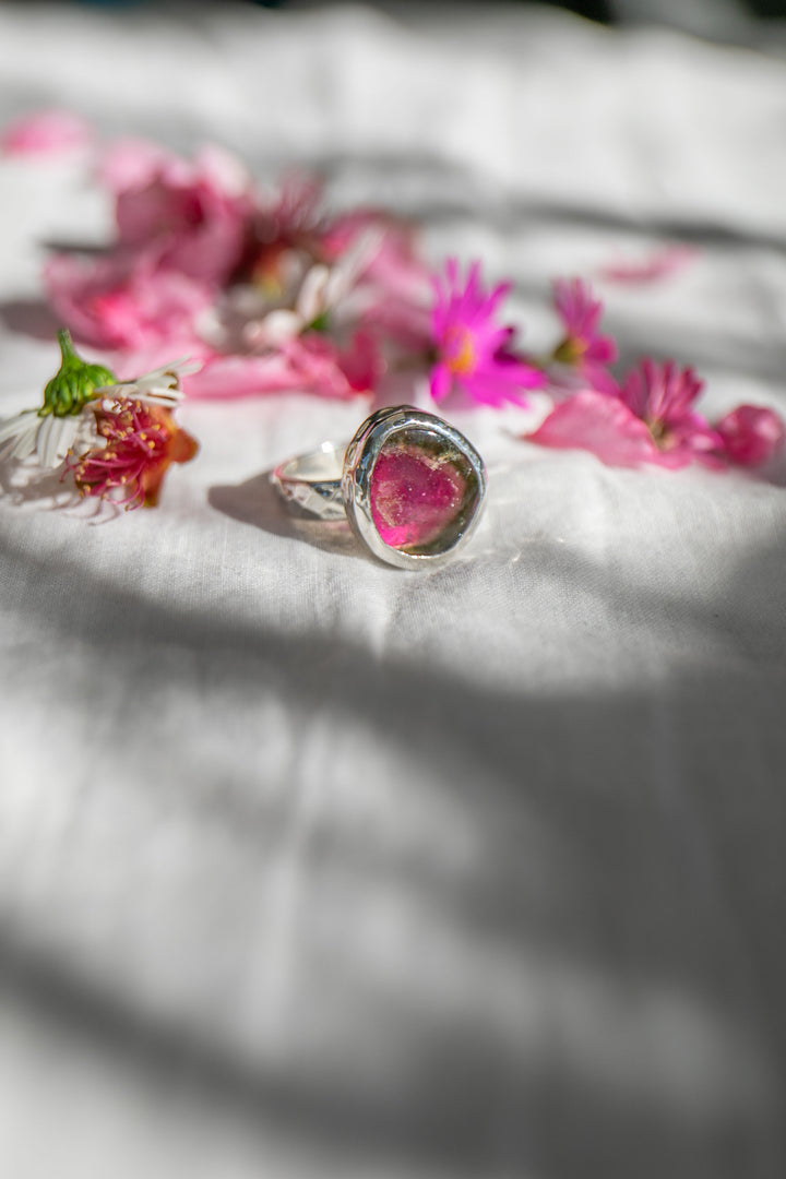 Watermelon Tourmaline Ring in Beaten Sterling Silver Setting - Size 7.5 US