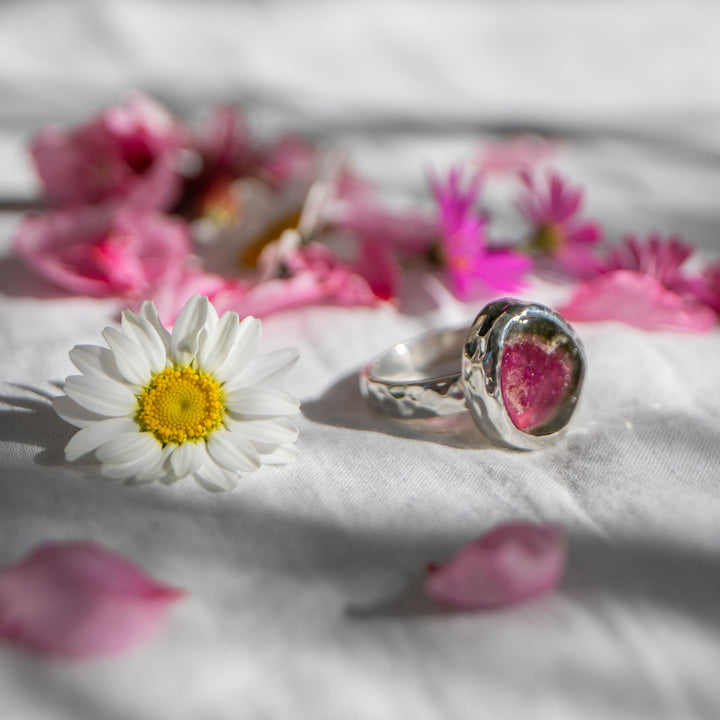 Watermelon Tourmaline Ring in Beaten Sterling Silver Setting - Size 7.5 US