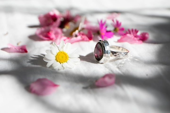 Watermelon Tourmaline Ring in Beaten Sterling Silver Setting - Size 7.5 US