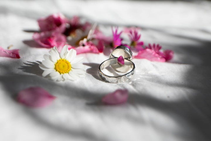 Watermelon Tourmaline Ring in Beaten Sterling Silver Setting - Size 7.5 US