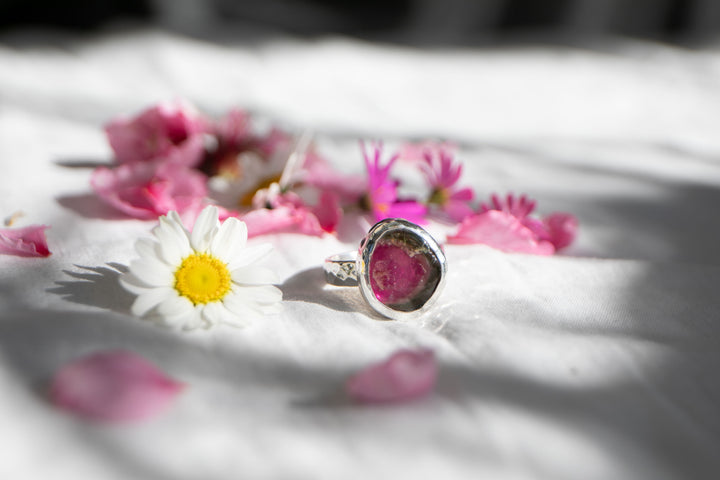 Watermelon Tourmaline Ring in Beaten Sterling Silver Setting - Size 7.5 US