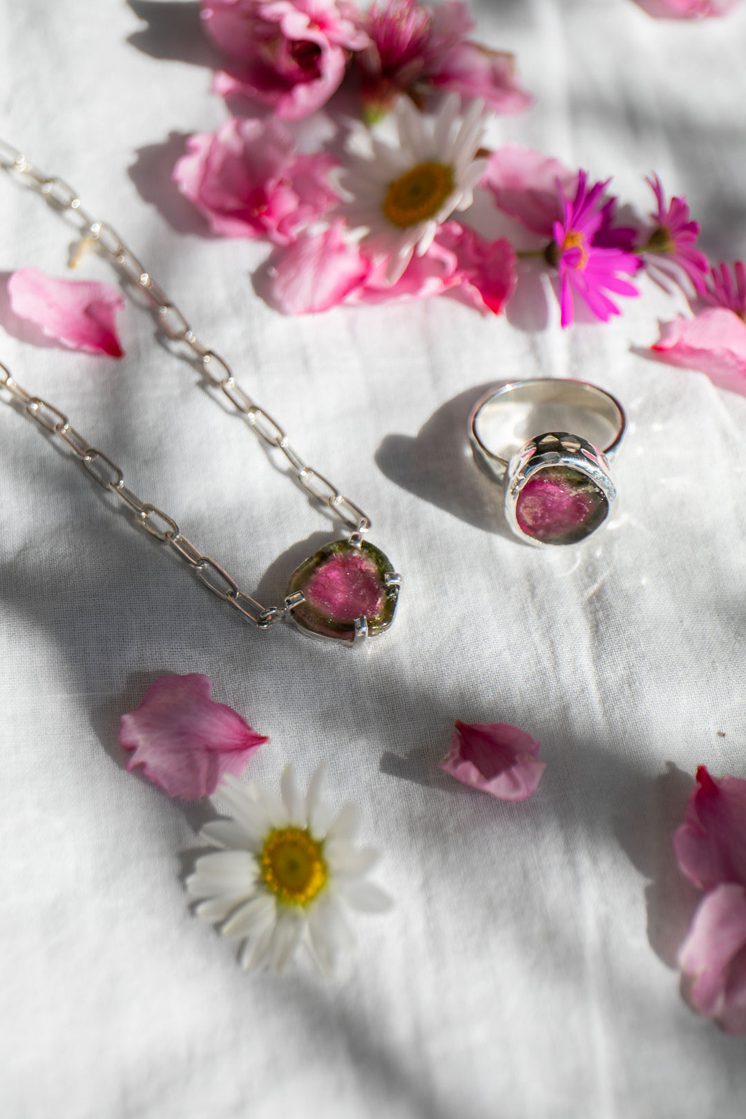 Watermelon Tourmaline Pendant on Sterling Silver Paperclip Chain
