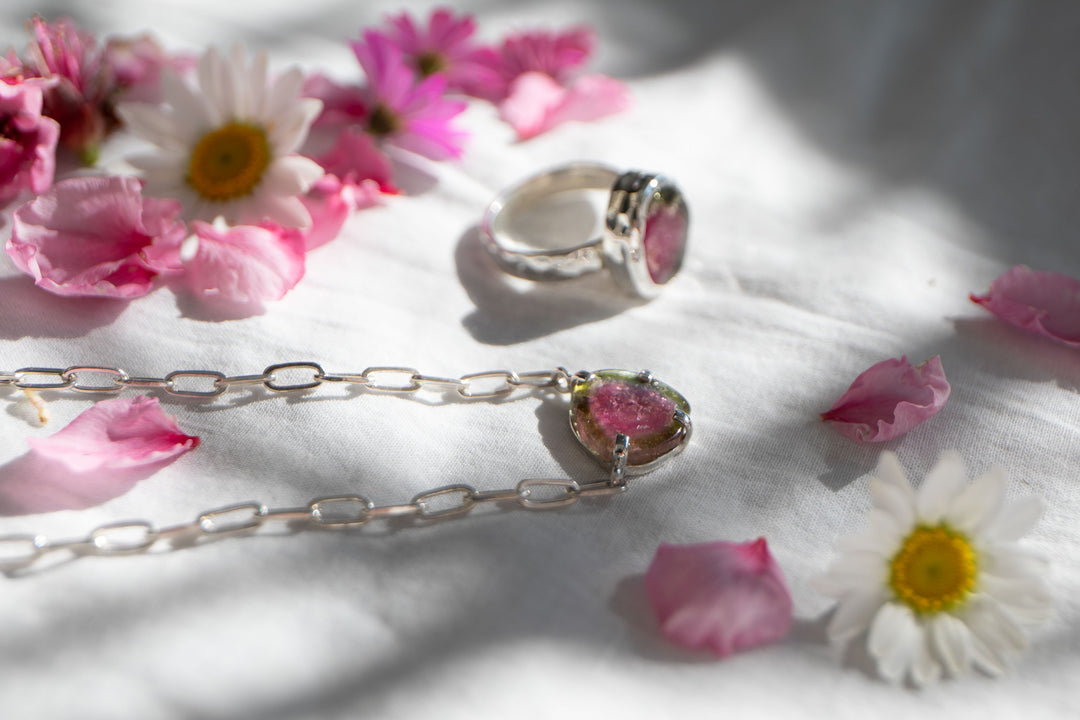 Watermelon Tourmaline Pendant on Sterling Silver Paperclip Chain
