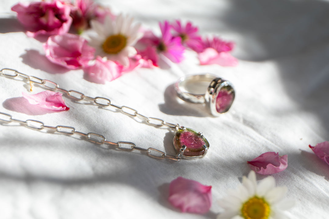 Watermelon Tourmaline Pendant on Sterling Silver Paperclip Chain