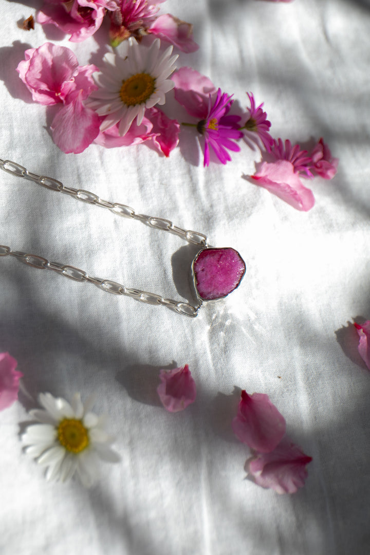 Raw Ruby Pendant on Sterling Silver Paperclip Chain