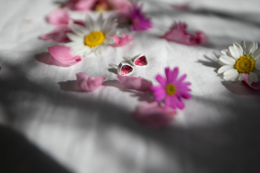 Pink Tourmaline Stud Earrings in Brushed Sterling Silver