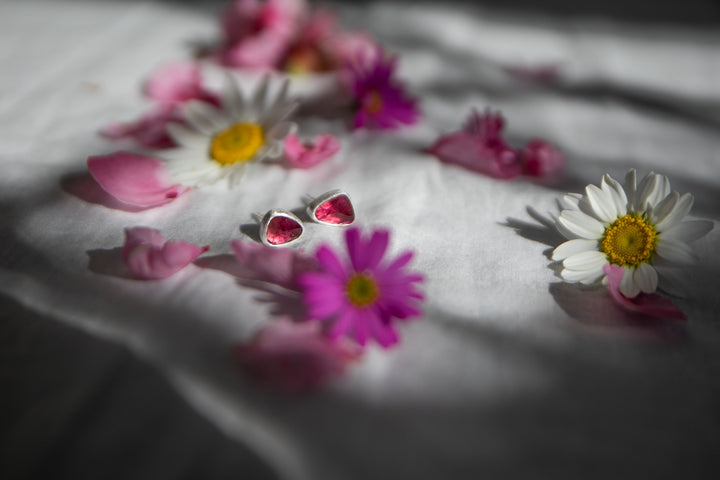 Pink Tourmaline Stud Earrings in Brushed Sterling Silver