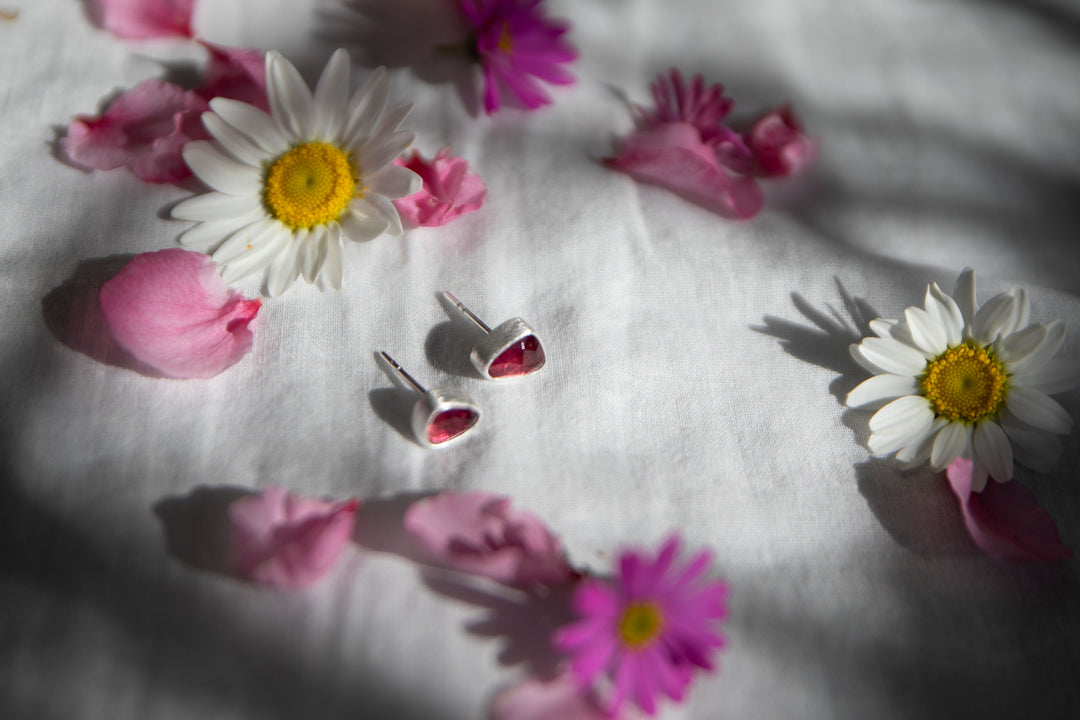 Pink Tourmaline Stud Earrings in Brushed Sterling Silver