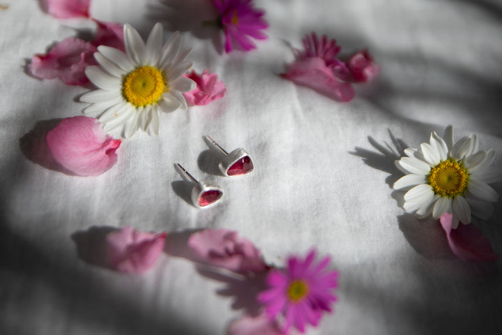 Pink Tourmaline Stud Earrings in Brushed Sterling Silver