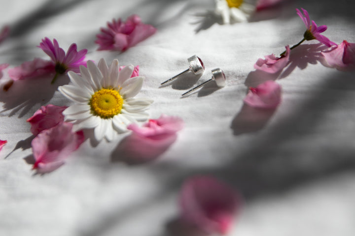 Pink Tourmaline Stud Earrings in Brushed Sterling Silver