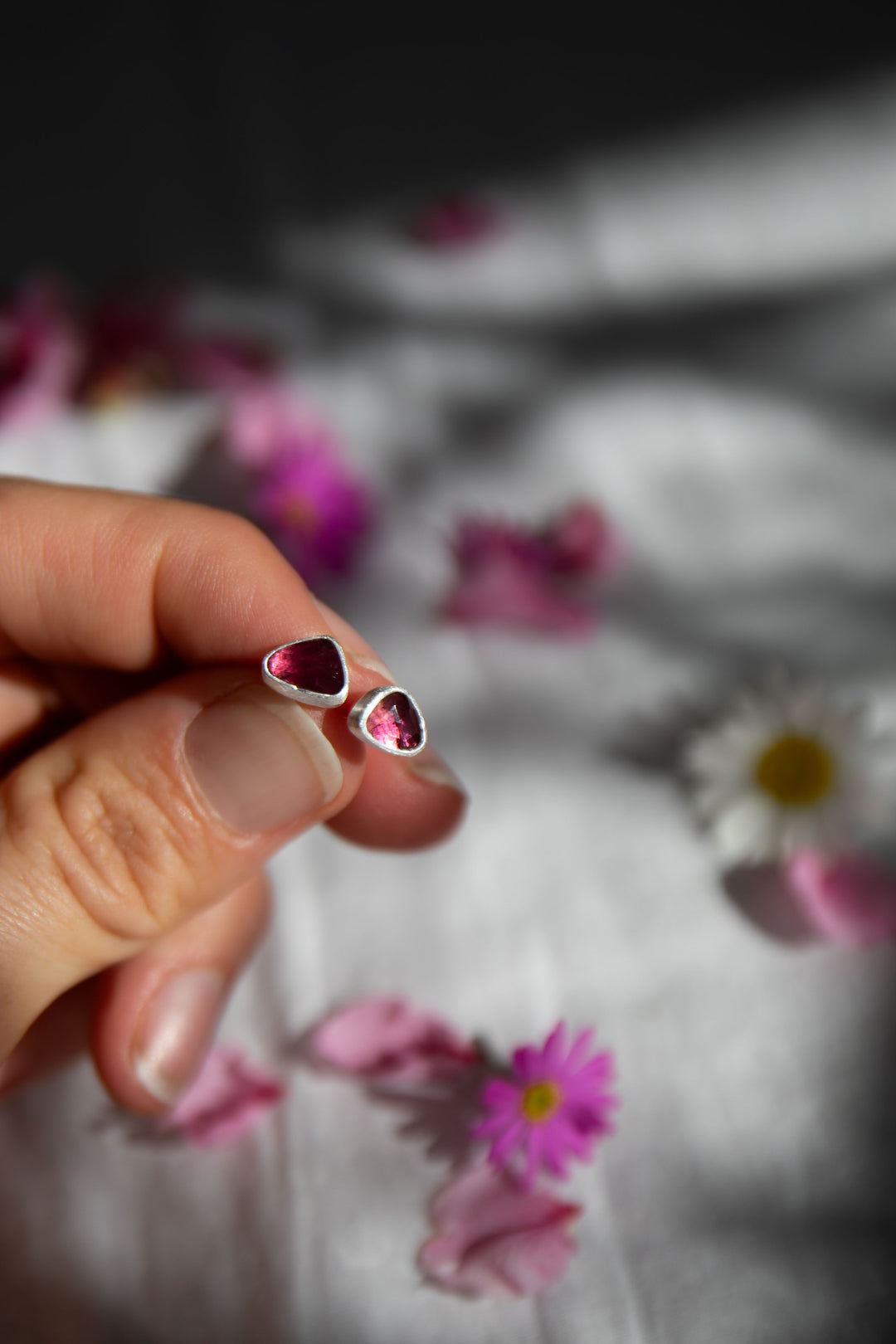 Pink Tourmaline Stud Earrings in Brushed Sterling Silver