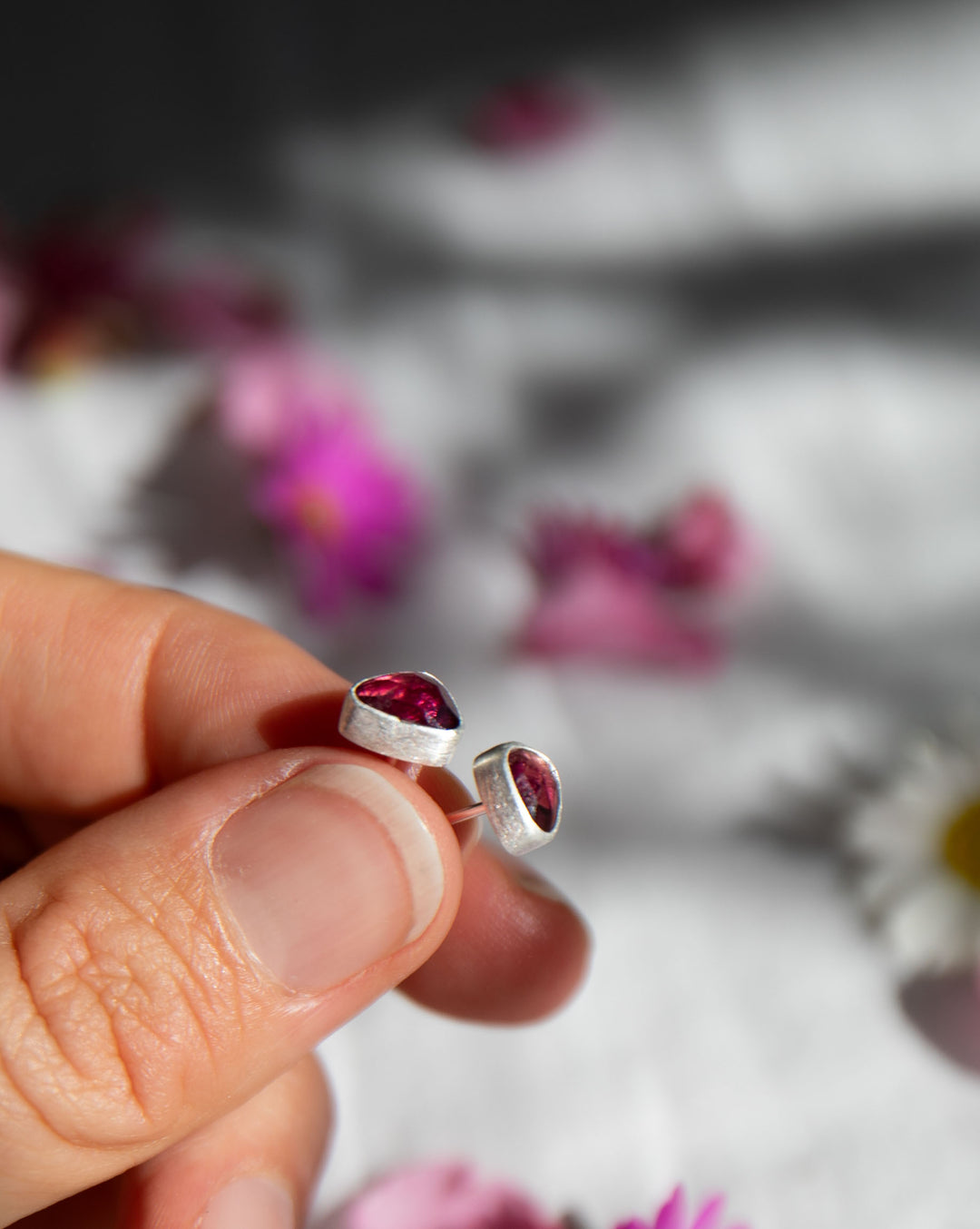 Pink Tourmaline Stud Earrings in Brushed Sterling Silver