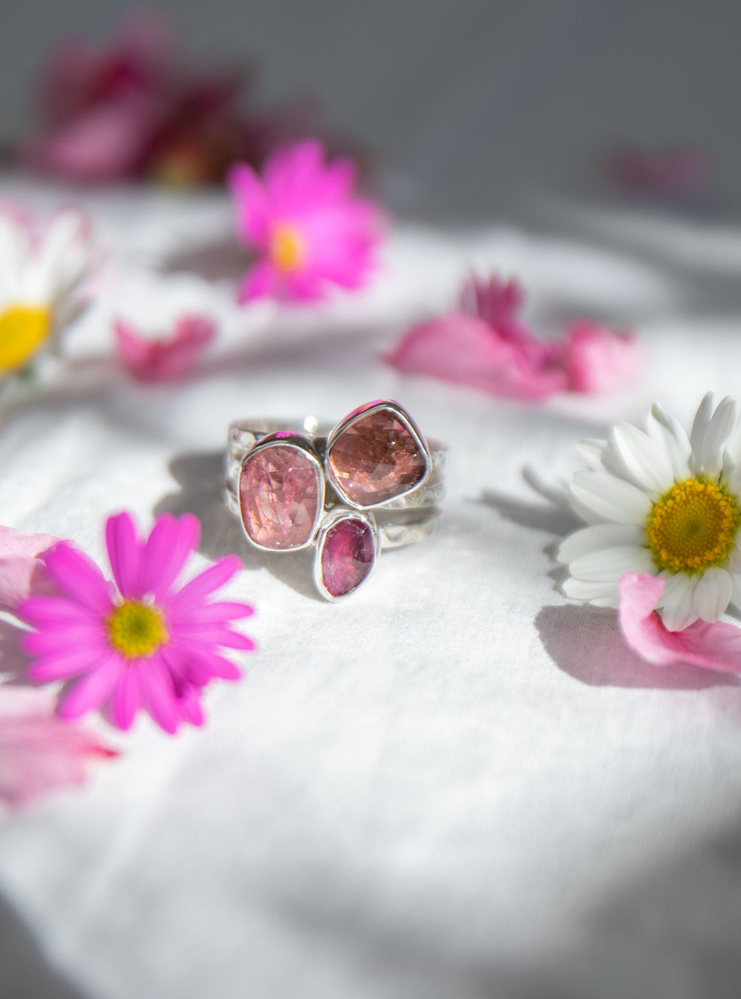 Triple Rose Cut Pink Tourmaline Ring set in Sterling Silver- Size 7 US