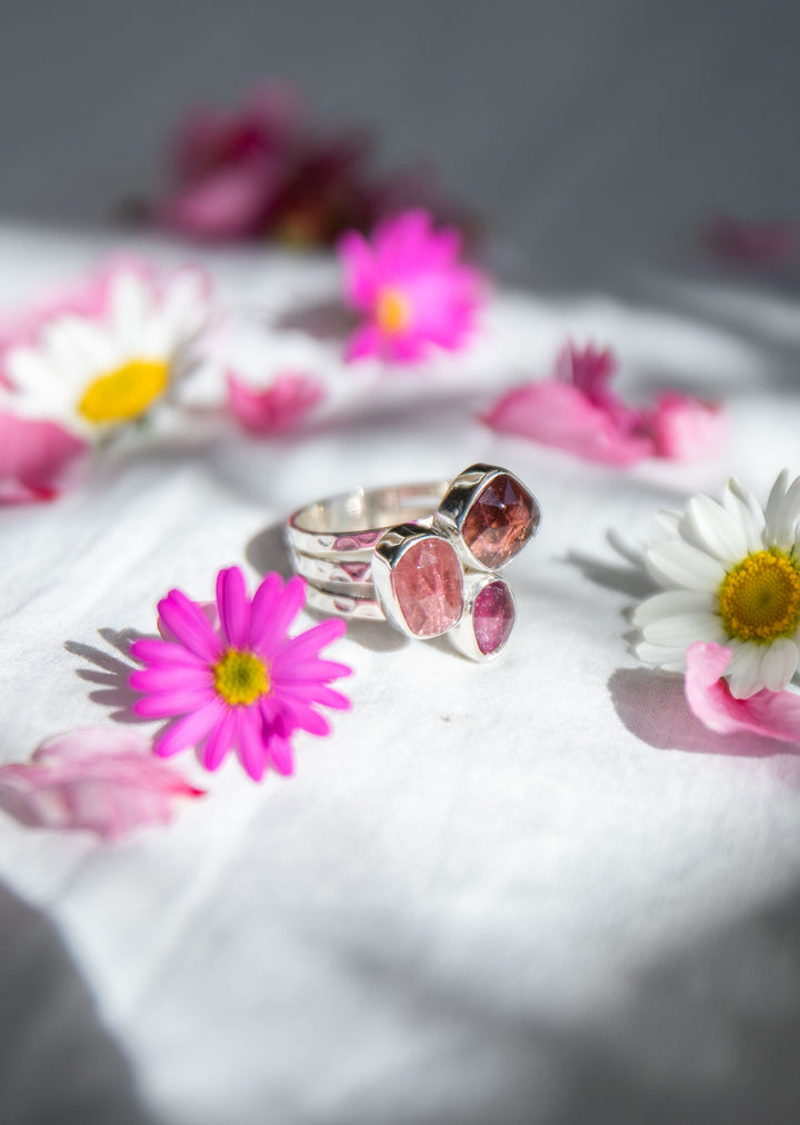 Triple Rose Cut Pink Tourmaline Ring set in Sterling Silver- Size 7 US
