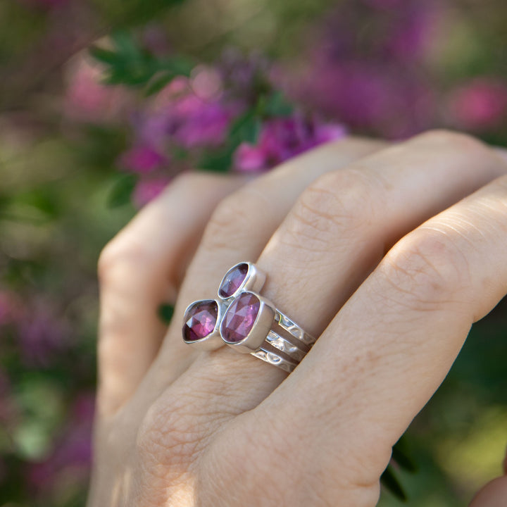 Triple Rose Cut Pink Tourmaline Ring set in Sterling Silver- Size 7 US
