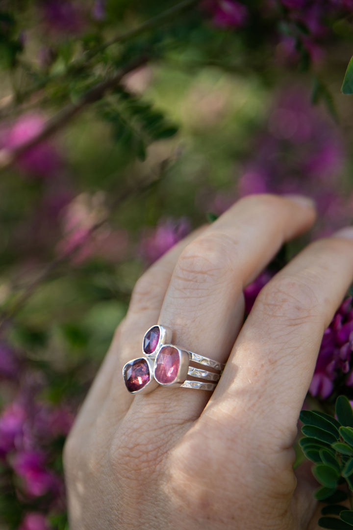 Triple Rose Cut Pink Tourmaline Ring set in Sterling Silver- Size 7 US