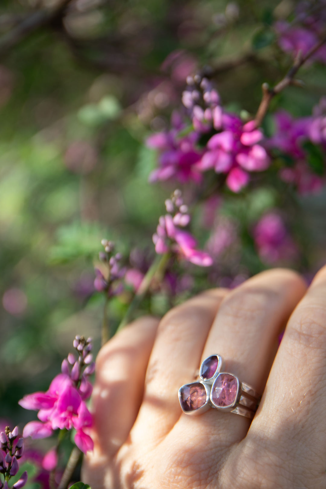 Triple Rose Cut Pink Tourmaline Ring set in Sterling Silver- Size 7 US