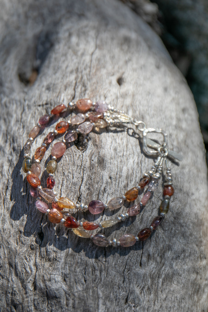 Handmade Three Strand Spinel and Thai Hill Tribe Silver Bracelet