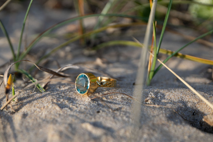 Teal Fluorite Ring in Beaten Gold Plated Sterling Silver - Size 10 US