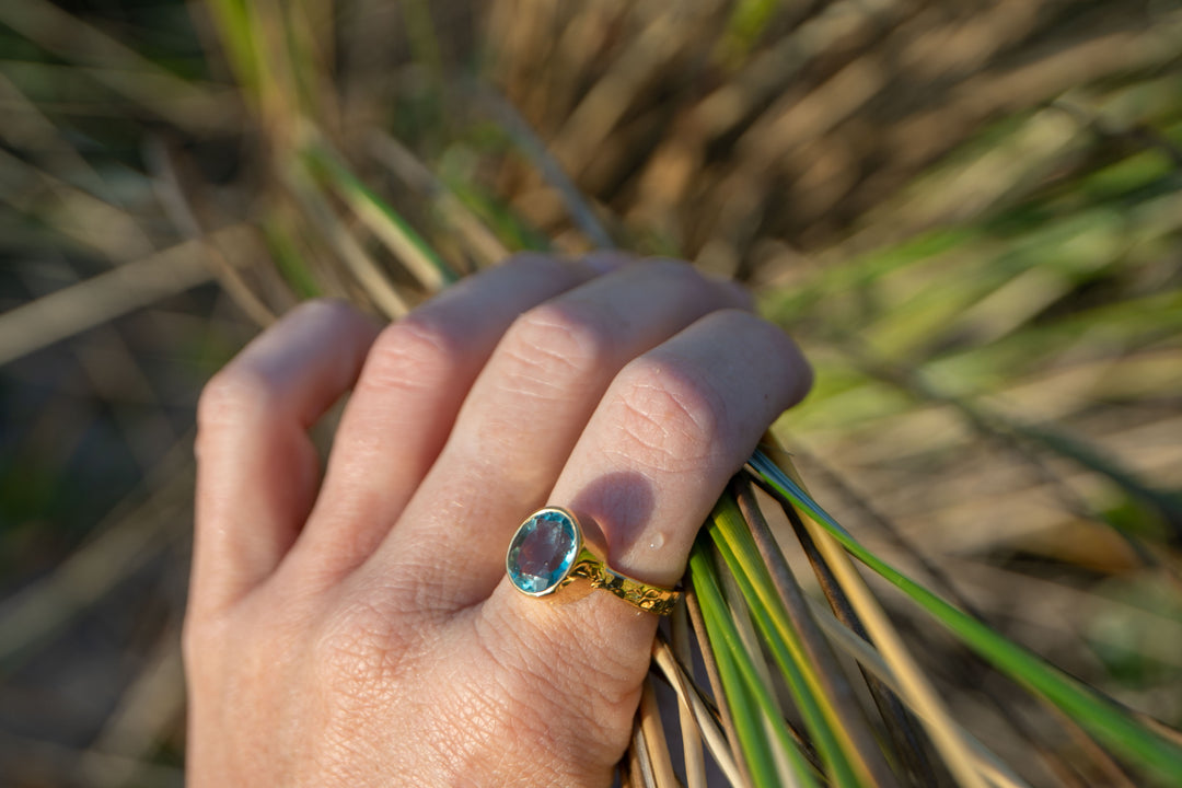 Teal Fluorite Ring in Beaten Gold Plated Sterling Silver - Size 10 US