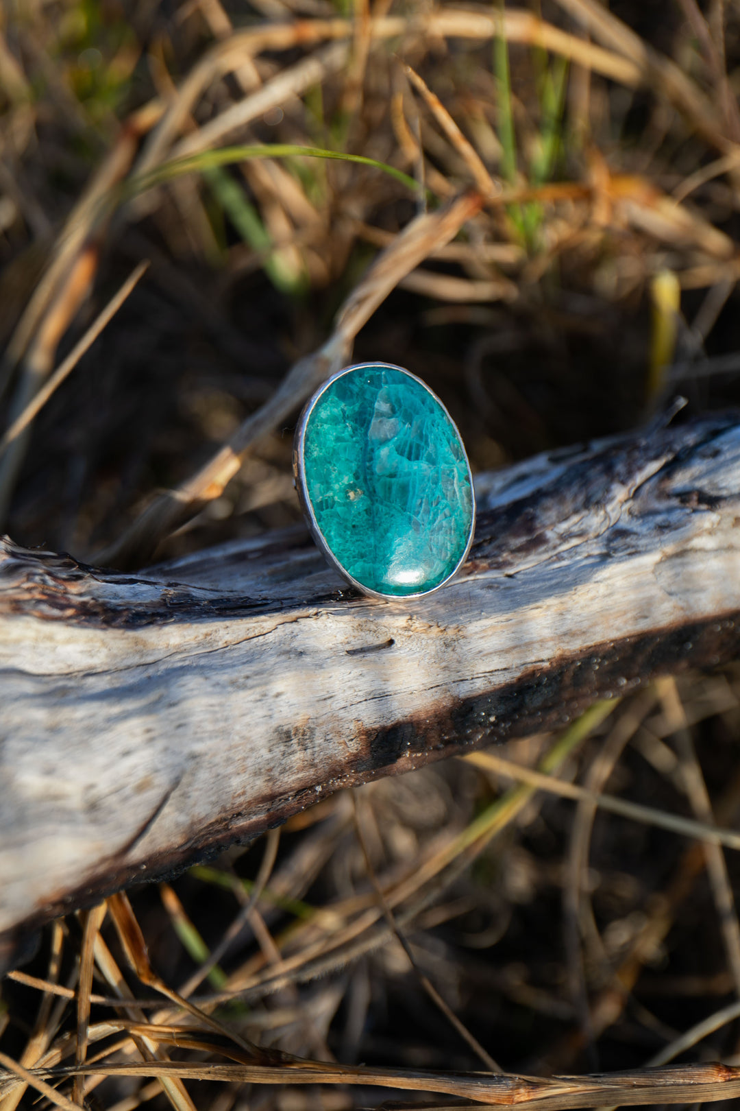 Oval Chrysocolla Ring set in Beaten Sterling Silver Design - Adjustable Band