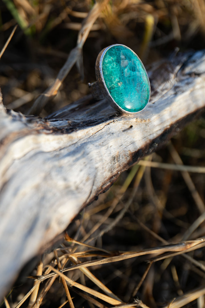 Oval Chrysocolla Ring set in Beaten Sterling Silver Design - Adjustable Band