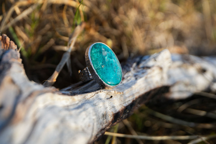 Oval Chrysocolla Ring set in Beaten Sterling Silver Design - Adjustable Band